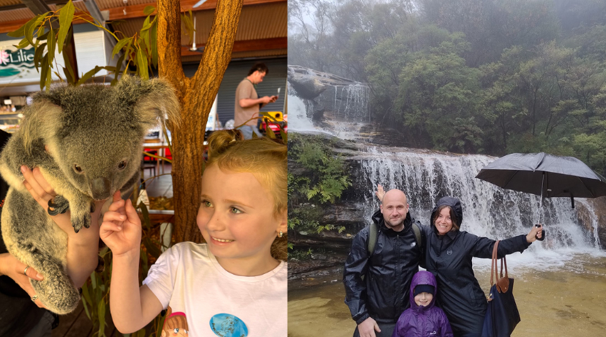 Left: Lucy's daughter Nancy smiles whilst stroking a koala. Right: Lucy, and her partner stand with their daughter between them. The family is stood infront of a waterfall and all are wearing rain jackets, whilst Lucy holds an umbrella. All are smiling.