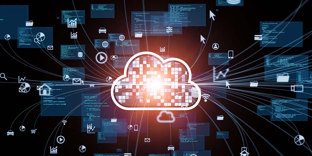 orange neon cloud on black background with white icons showing various technology connections