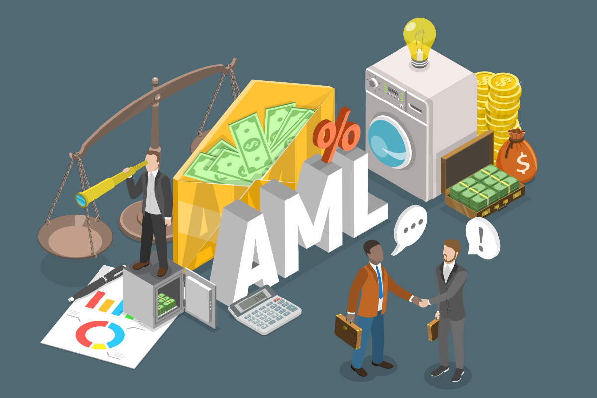 illustration showing people among various aspects indicating anti-money laundering