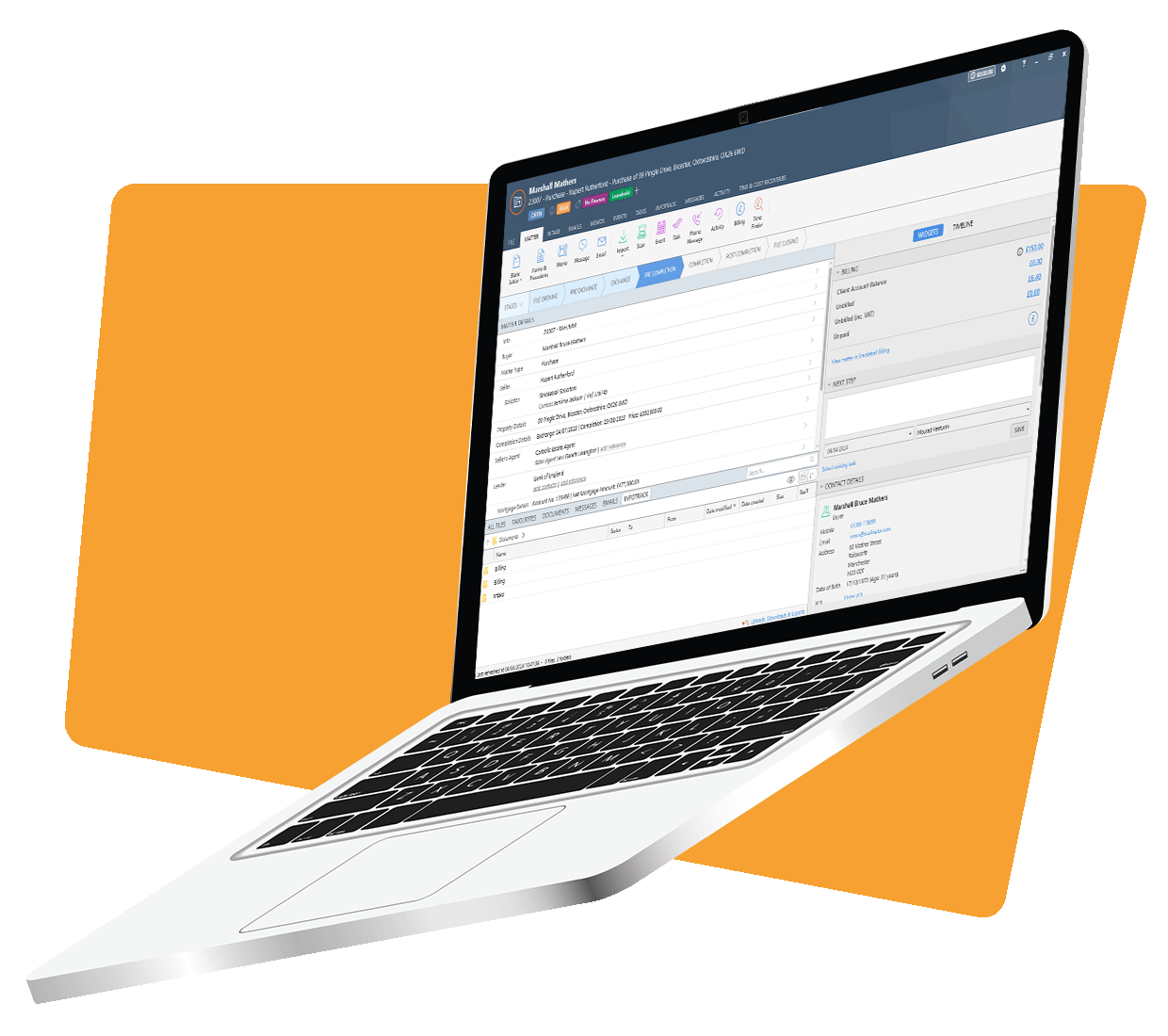 smokeball cms integration screen mocked up in a laptop set on an orange angular shape