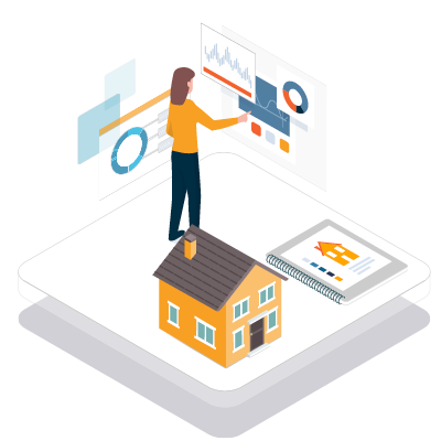 illustration of woman assembling data, standing next to a yellow house and a report with a yellow house on the cover