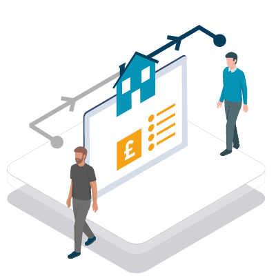 illustration showing house ownership transferring from one person to another, plus £ signs