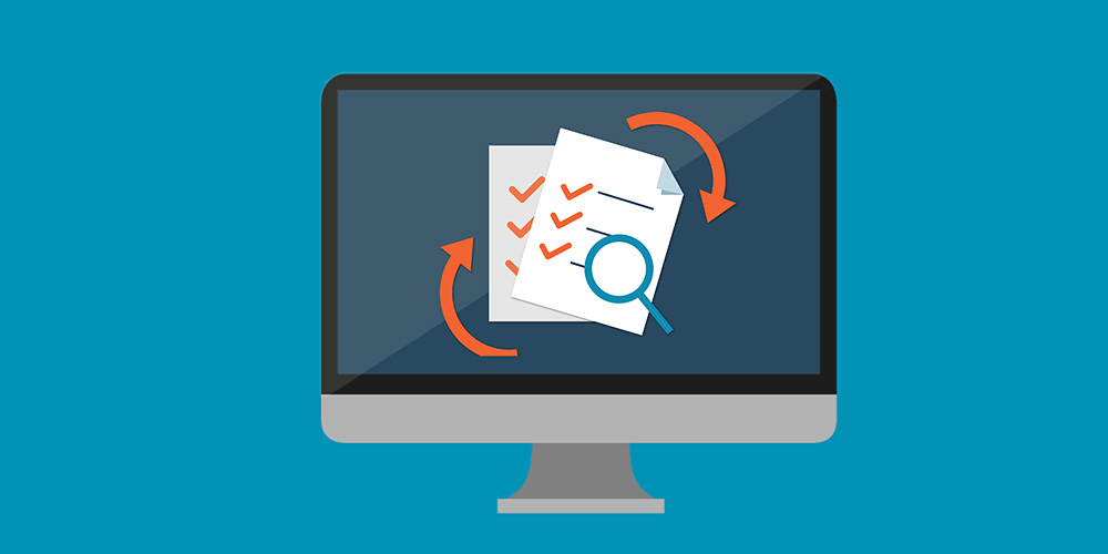 illustration of documents changing on mac on blue background