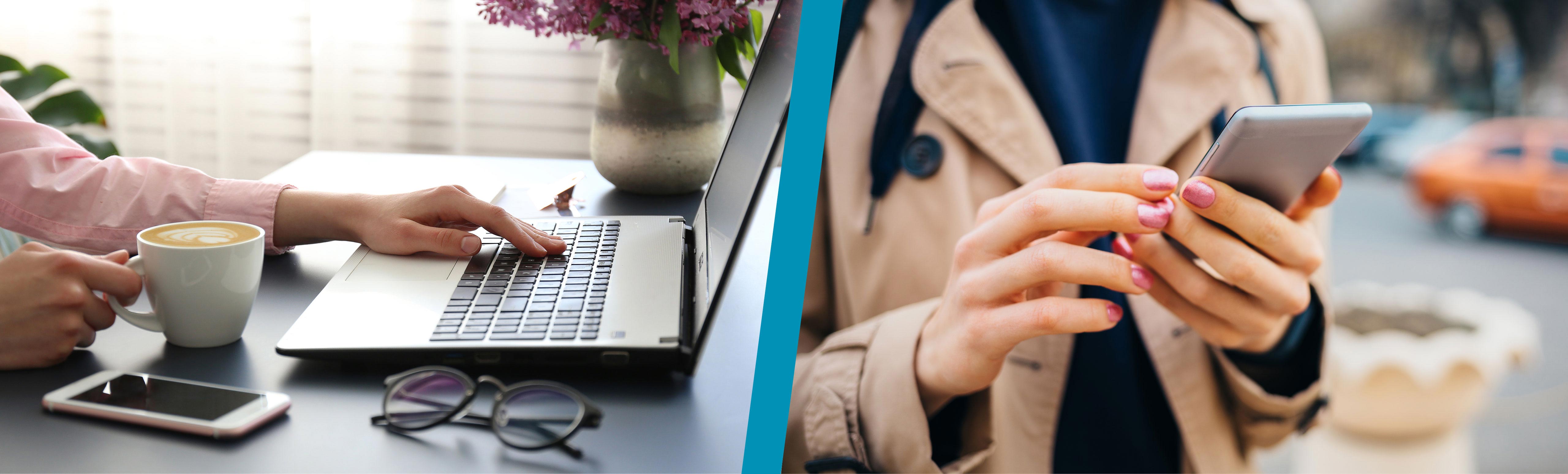 divided in half - person using laptop on left, different person using smart phone on right