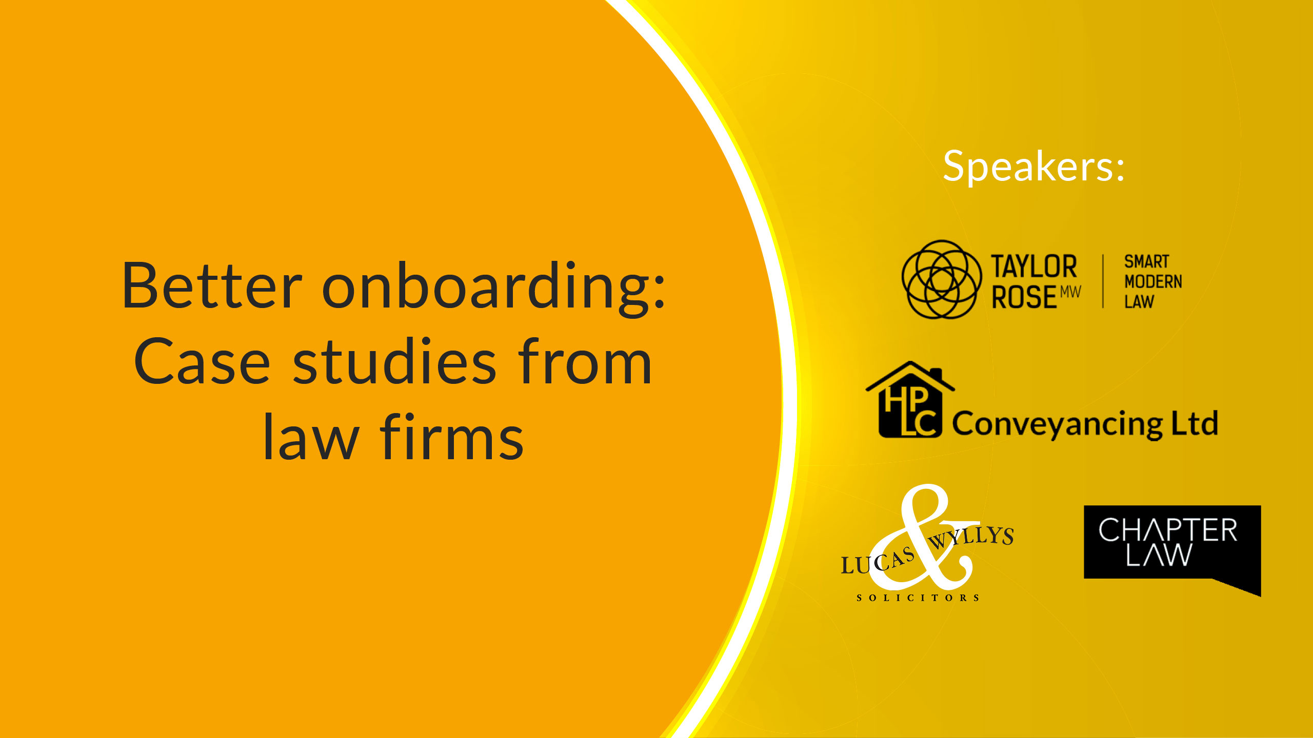 Yellow cover image for case studies with law firms with Taylor Rose MW, HPLC Conveyancing, Lucas & Wyllys, Chapter Law logos