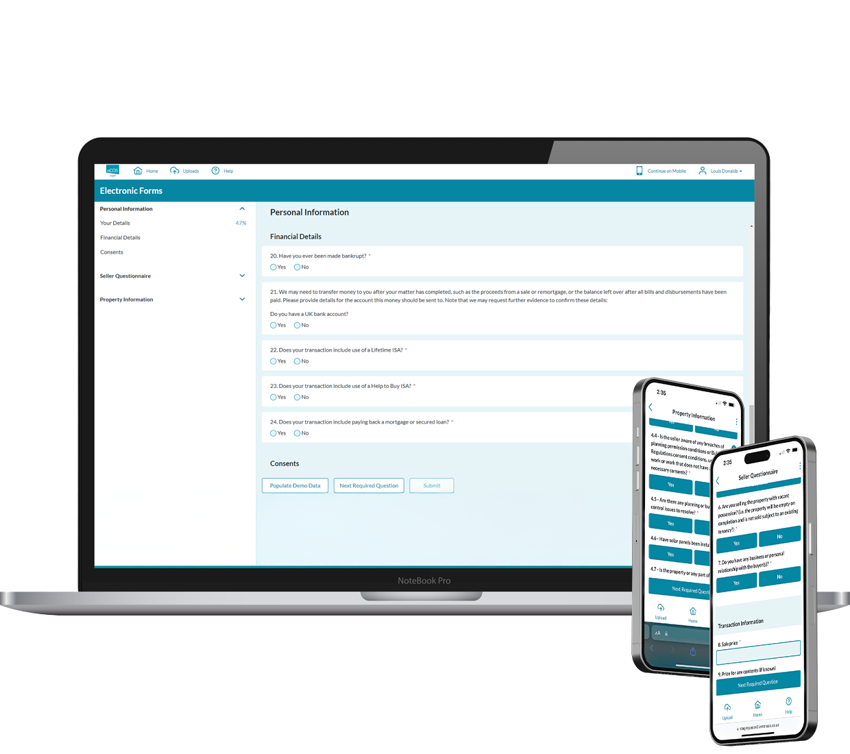 Desktop and mobile mock up of InfoTrack eCOS smart forms with a blue and white interface of a digital property information form