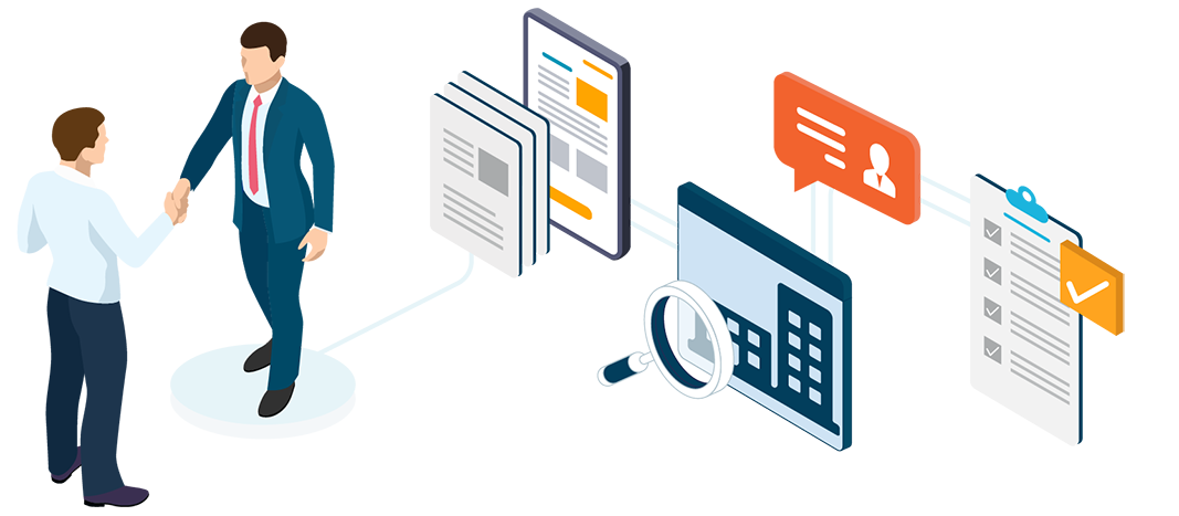 InfoTrack managed services isometric design showing two men shaking hands and various documentation