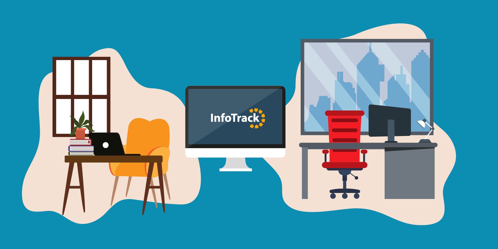 home office and corporate office connected by contemporary iMac displaying InfoTrack logo