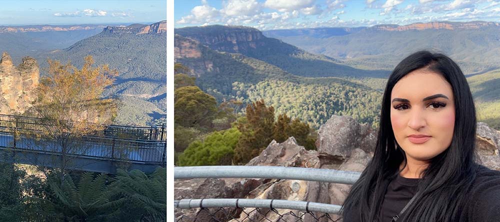 Woman in front of Australian landmark Three sisters walk