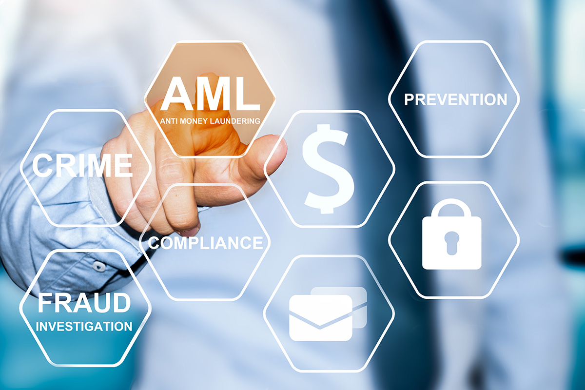 hand pushing virtual button saying aml