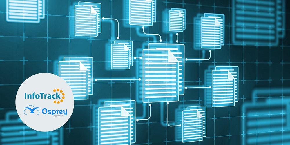 futuristic images showing diagram of document icons in light blue neon styling on navy background with Osprey and InfoTrack logos