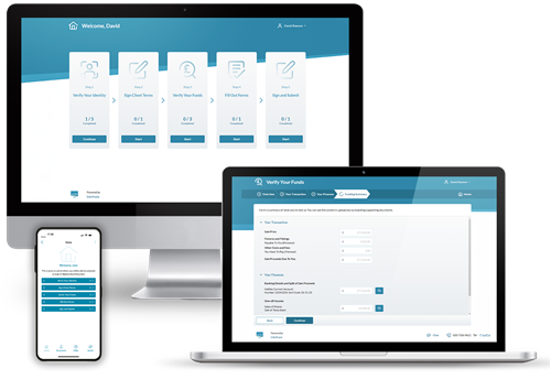 eCOS screen mock ups in desktop, laptop, and mobile app to show user interface for client onboarding solution