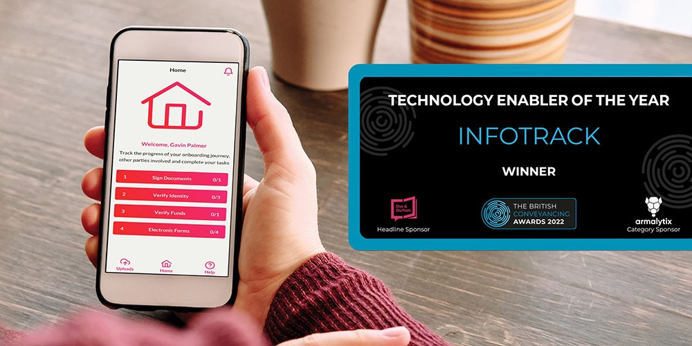 InfoTrack eCOS app mocked up in hand holding mobile phone and winners badge showing technology enabler of the year award