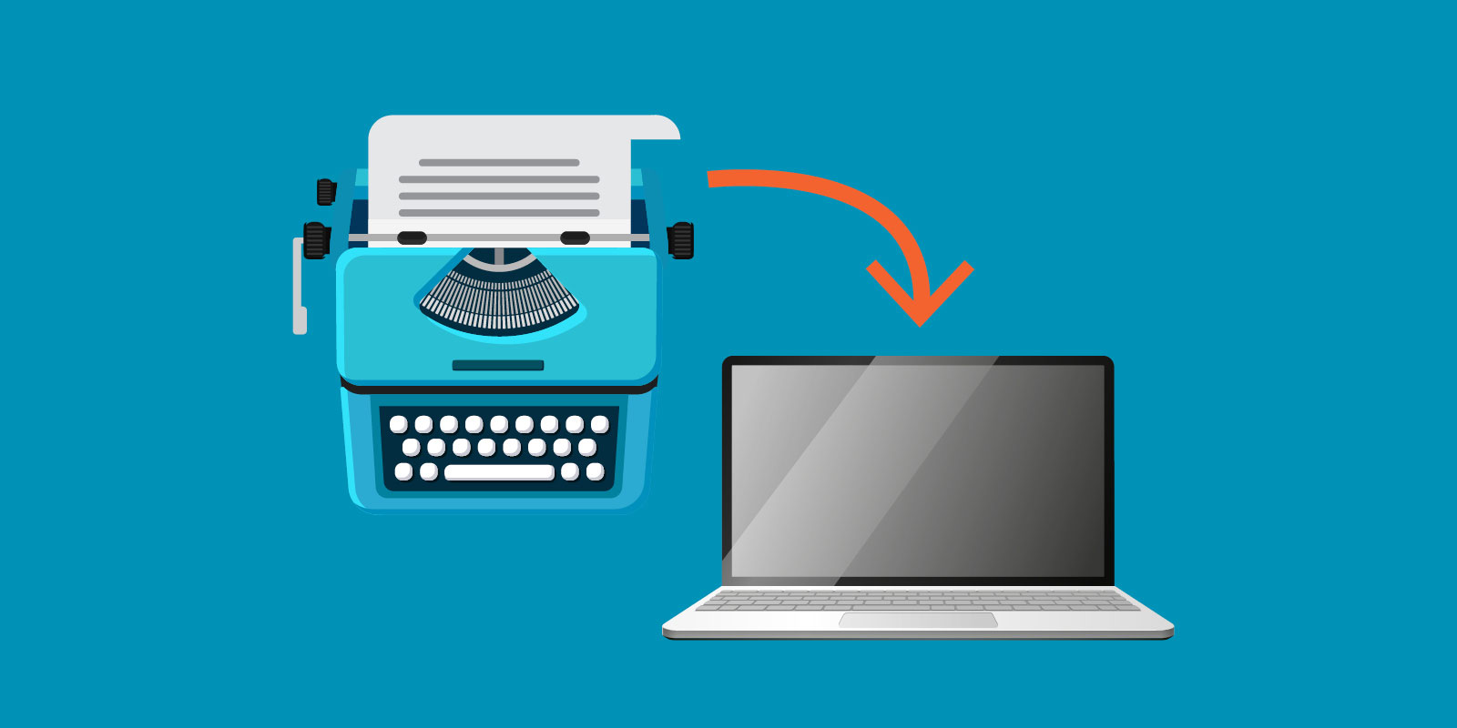 typewriter, arrow pointing to 90s boxy computer, arrow pointing to laptop displaying PDFs, arrow pointing to contemporary iMac with InfoTrack logo